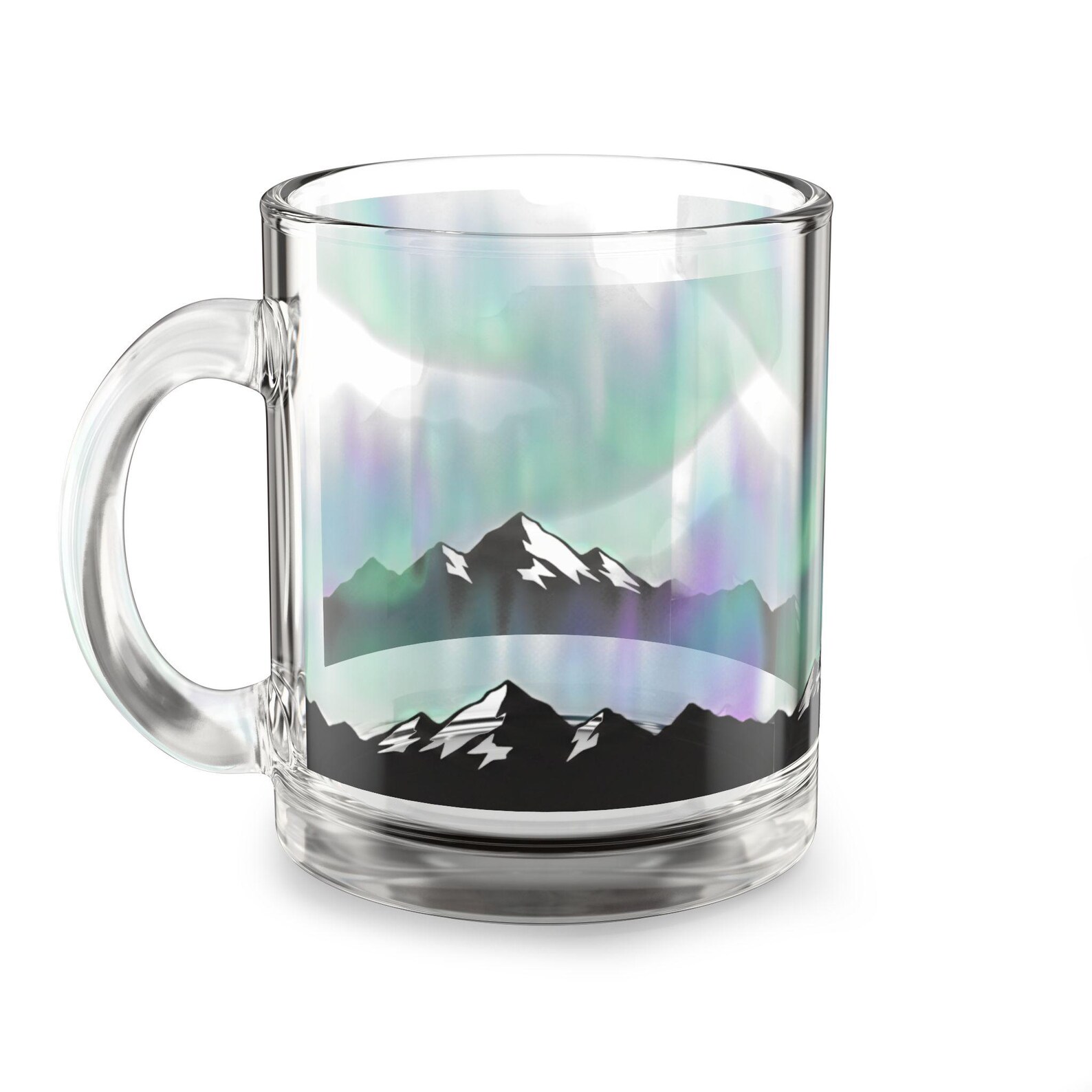 Aurora borealis glass mug on a white background, showing the iridescent northern lights design from the front