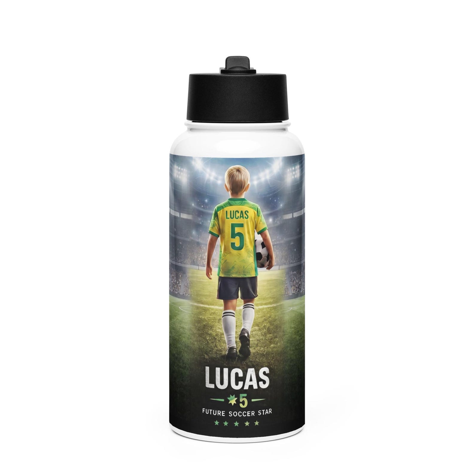 The personalized soccer water bottle shown on a plain background