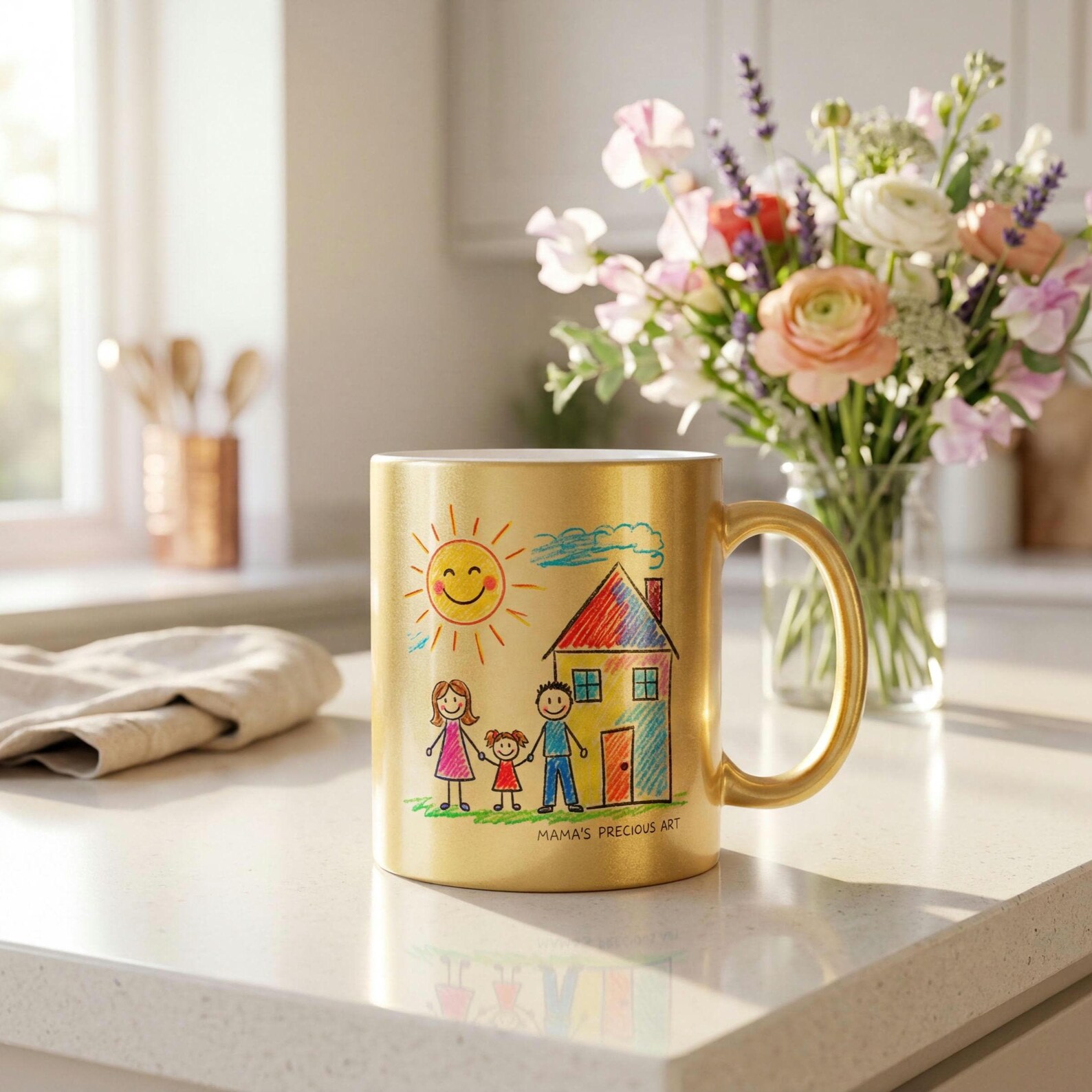 Gold metallic mug printed with a child's family drawing of a house and family, labelled "Mama's Precious Art", on a kitchen counter with fresh flowers