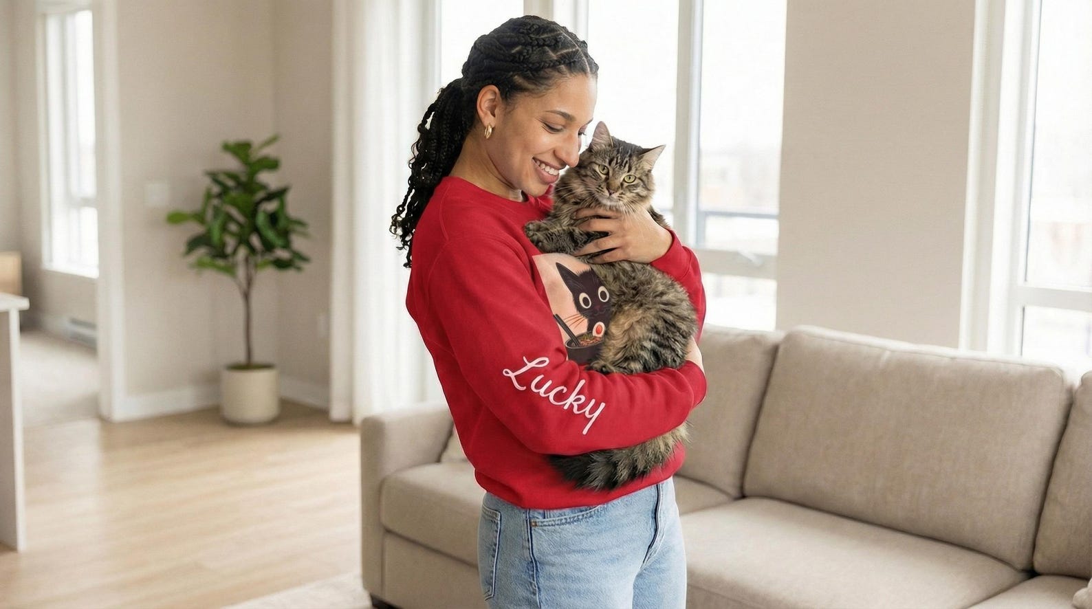 Close-up of the black cat ramen graphic print on the sweatshirt