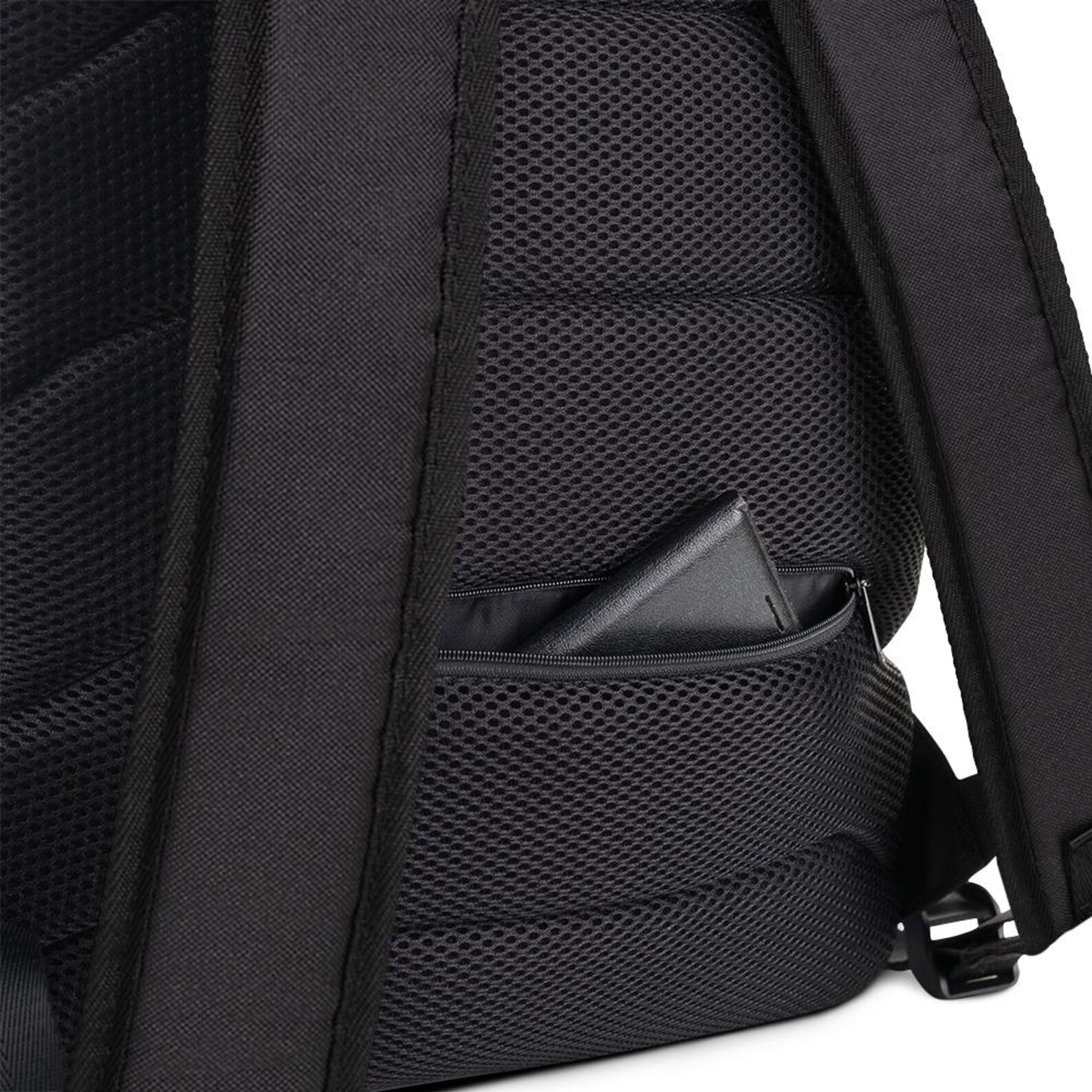 The backpack's padded, ergonomic straps