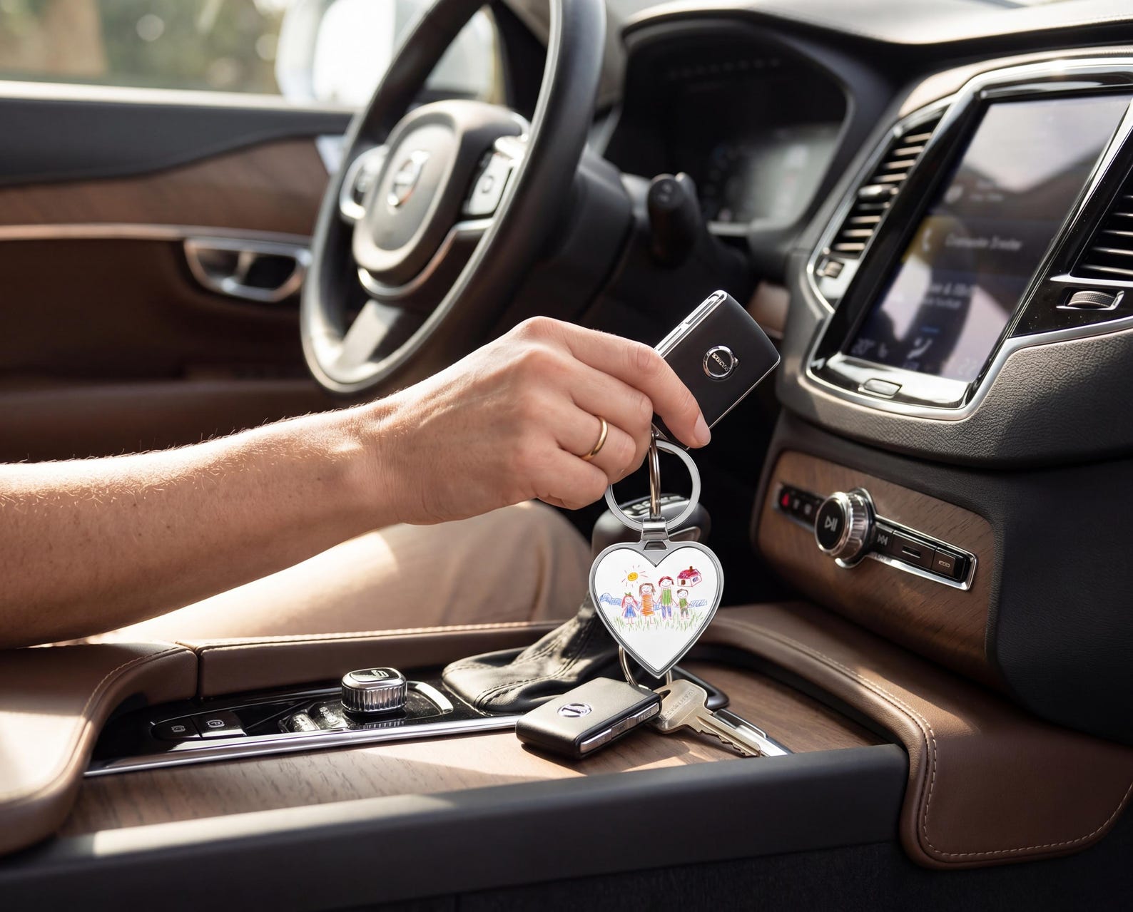 Heart-shaped keychain printed with a child's family drawing, attached to a car key fob resting on the center console