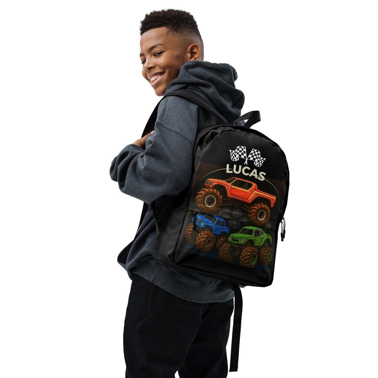 The monster truck backpack on a plain background, showing its overall size and shape