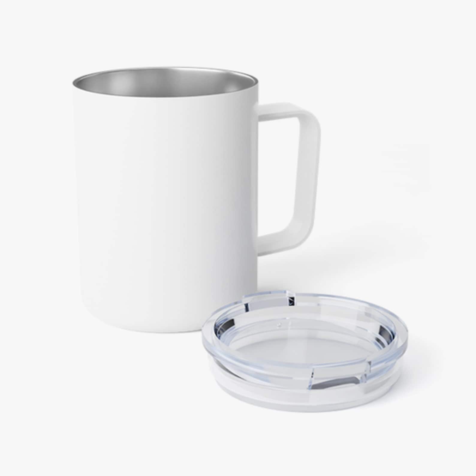 Insulated stainless steel mug with a silver interior and its clear push-on lid removed, shown side by side