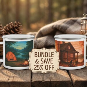 Taza esmaltada con diseño de cabaña otoñal en el lago / Taza de café con paisaje rústico otoñal imagen 2
