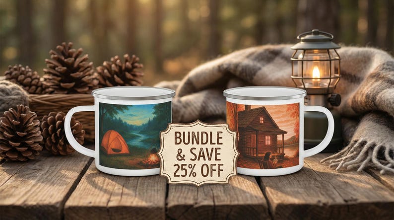 Taza esmaltada con diseño de cabaña otoñal en el lago / Taza de café con paisaje rústico otoñal imagen 2