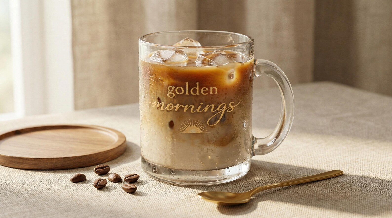 The "golden mornings" glass mug filled with iced coffee, on a beige surface with coffee beans, a wooden coaster, and a gold spoon