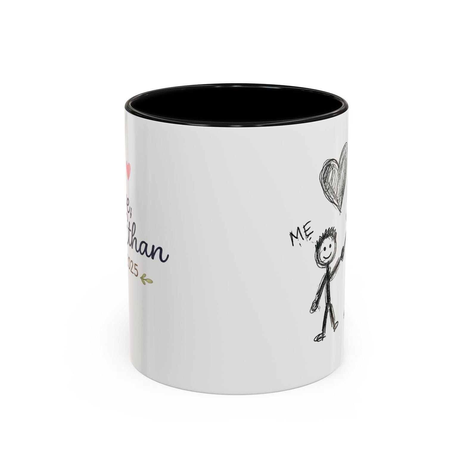 White mug with a black interior and handle, personalised with "Love, Ethan 2025" in script and a child's drawing of themselves under a heart