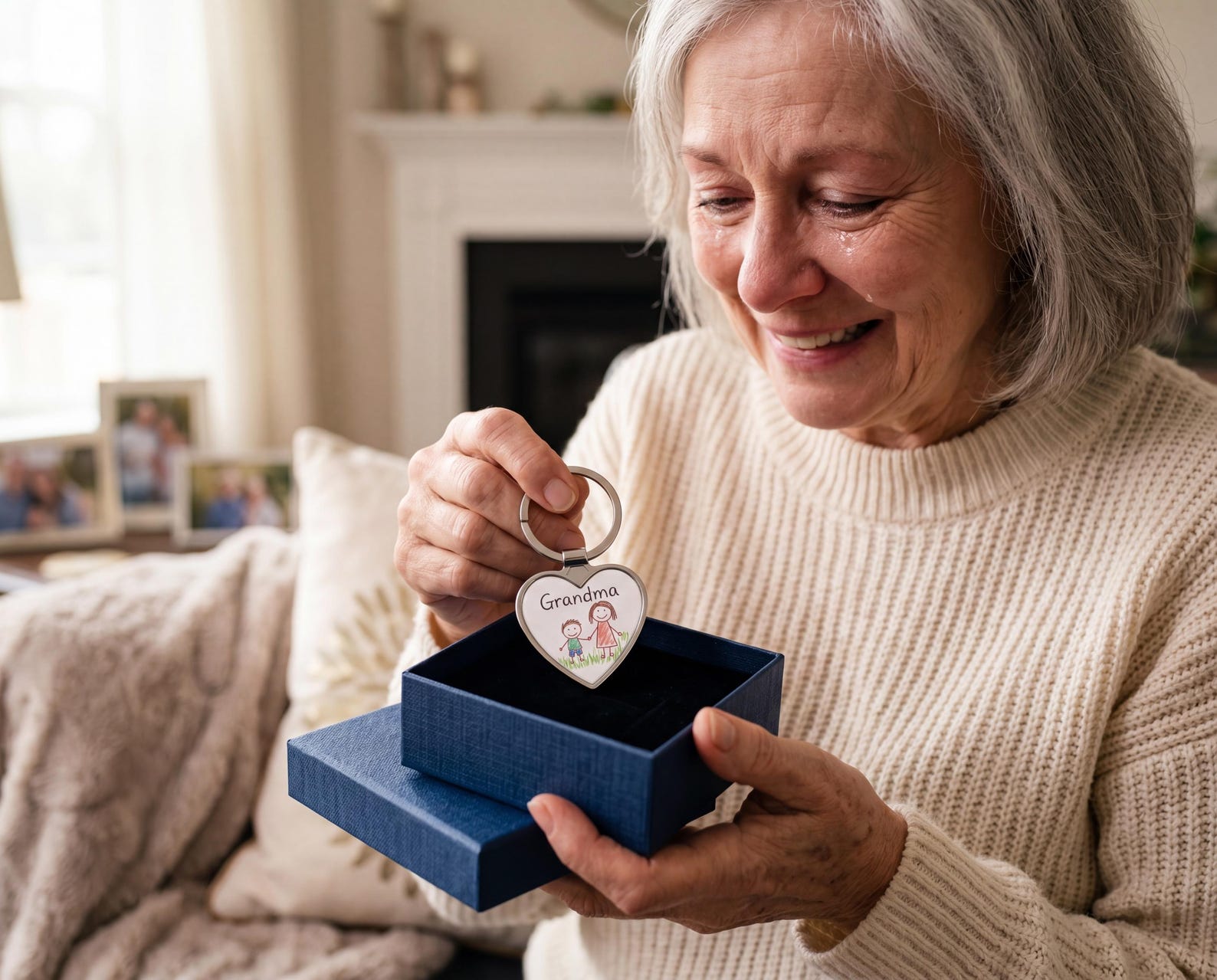 An older woman smiling with tears in her eyes, opening a gift box to find a heart-shaped keychain reading "Grandma" with a child's drawing