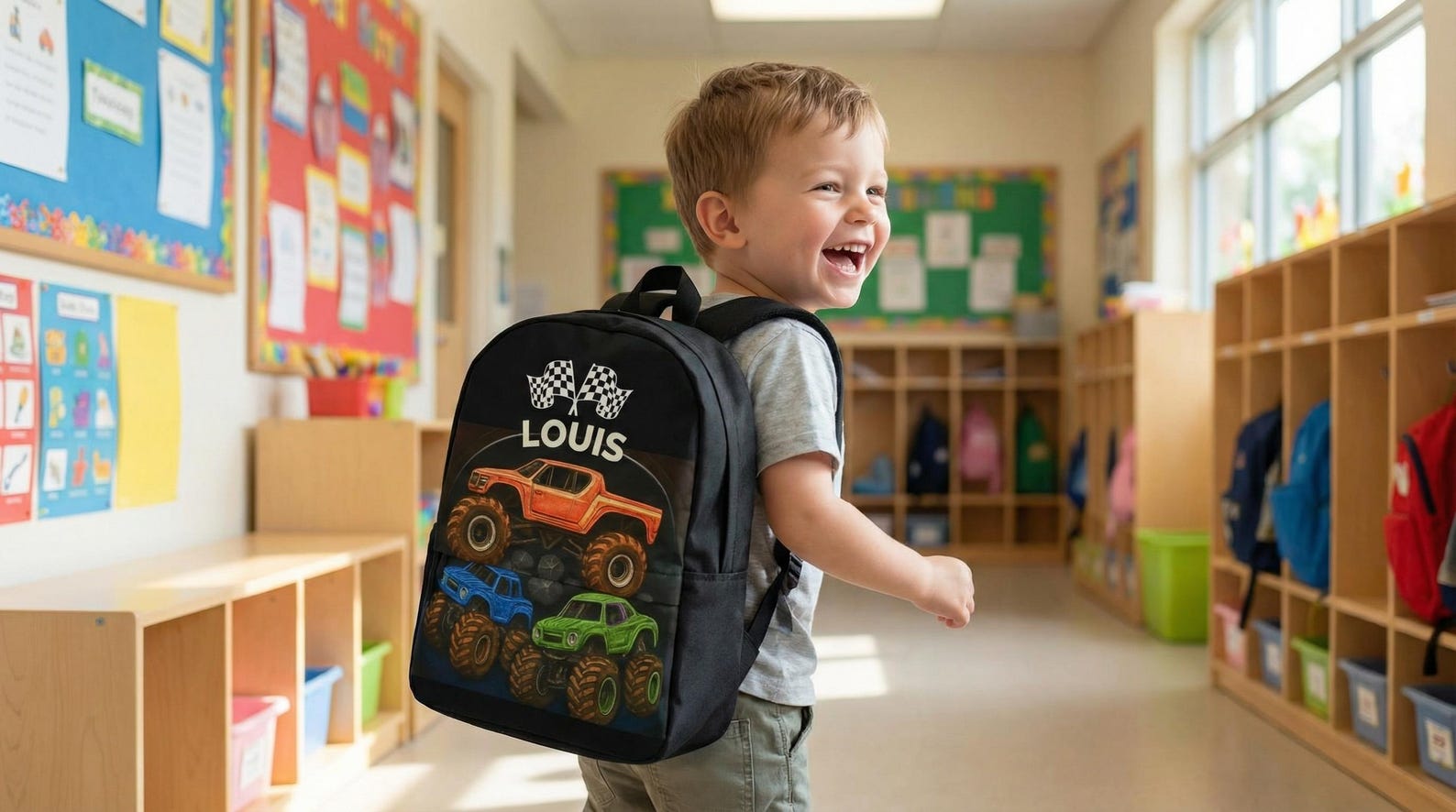 A smiling toddler wearing the black monster truck backpack personalized with the name "Louis" in a classroom