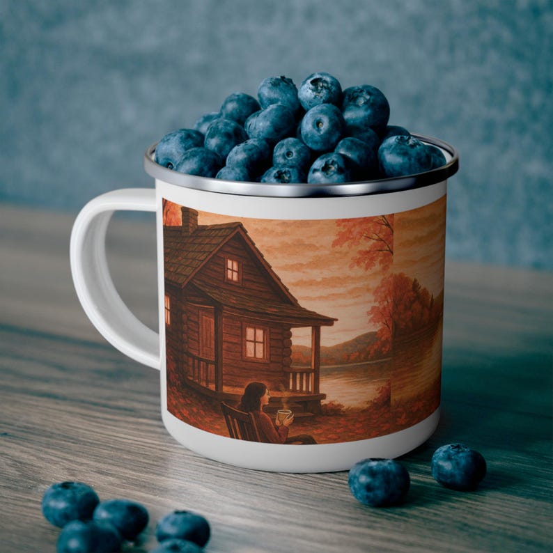 Taza esmaltada con diseño de cabaña otoñal en el lago / Taza de café con paisaje rústico otoñal imagen 9