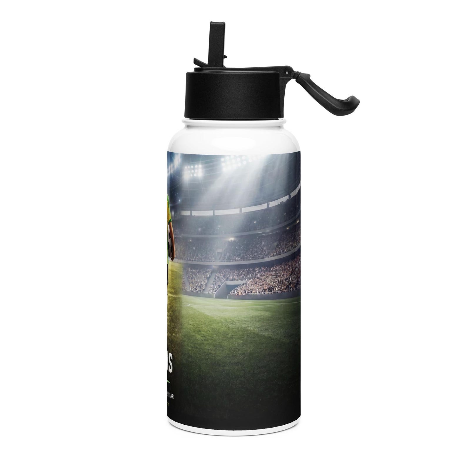 The personalized soccer water bottle shown from another angle