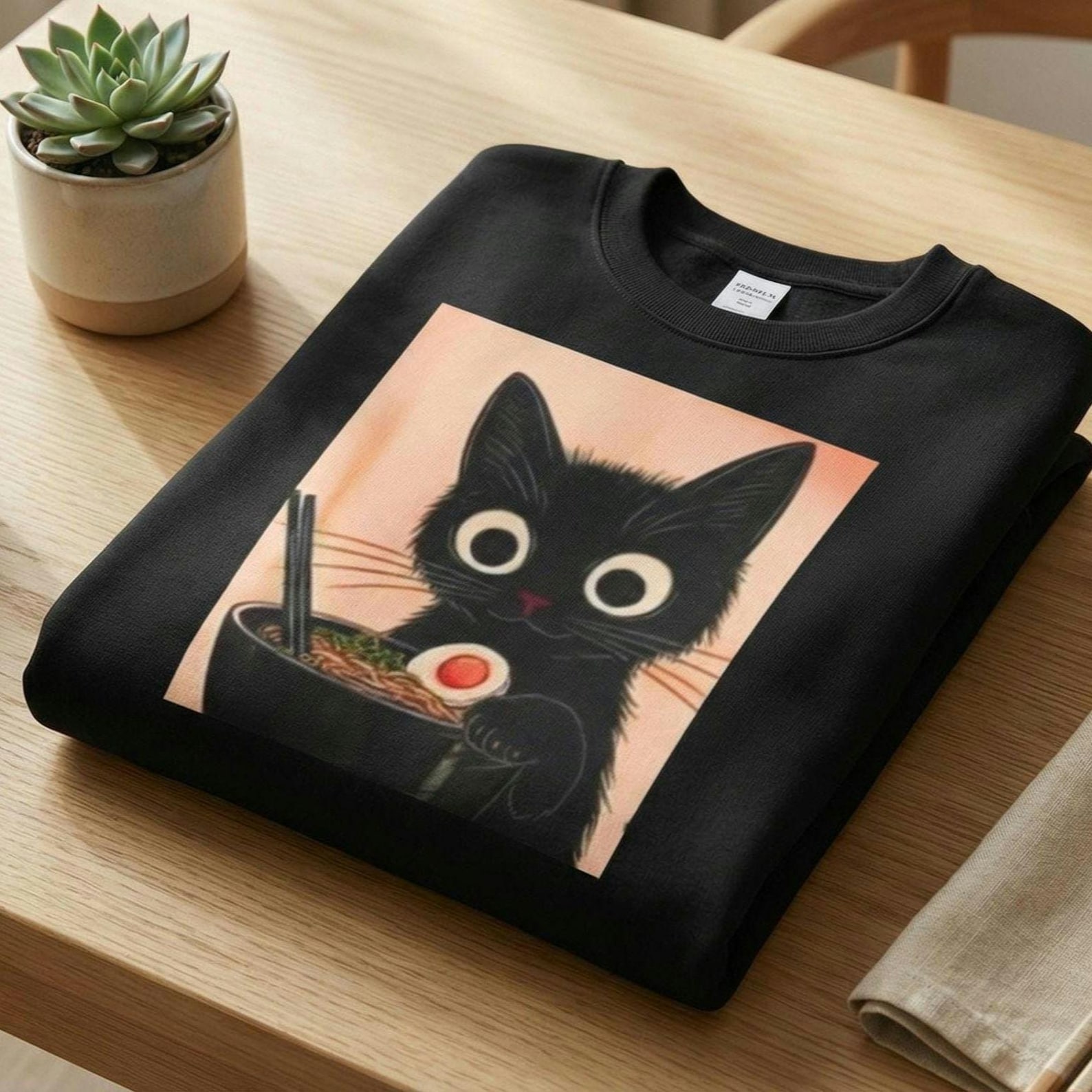 A model wearing the black cat ramen sweatshirt outdoors in cool weather