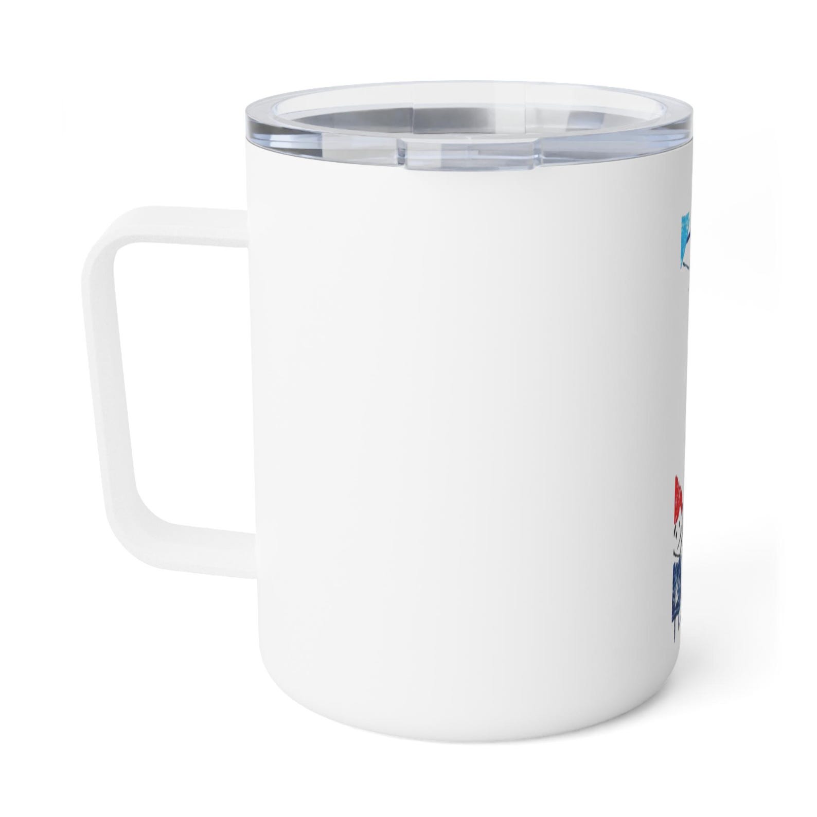 Insulated mug with a clear lid, shown from the back with a small part of the child's drawing visible on the edge
