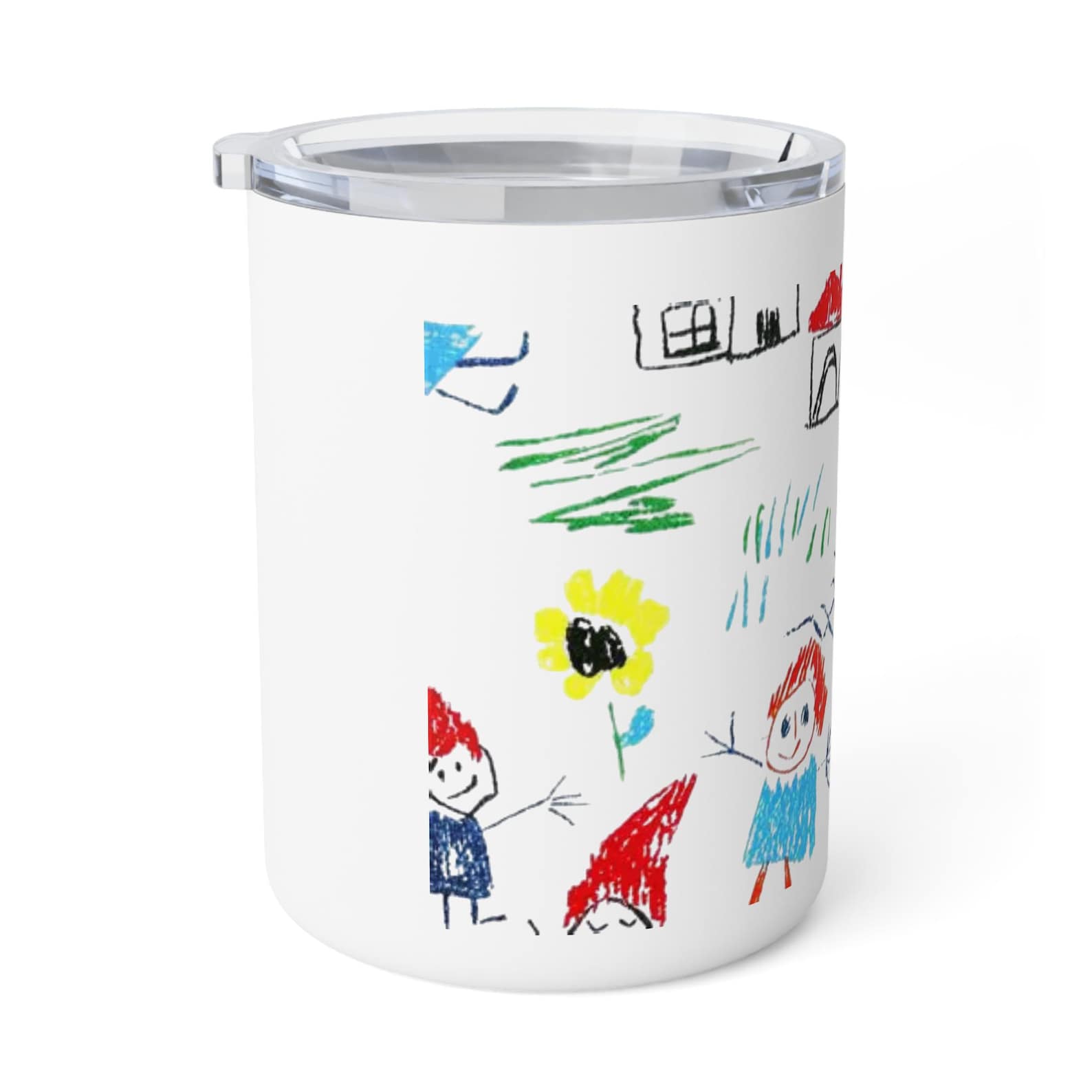 Insulated mug printed with a child's colourful drawing of a house, sunflowers, and a family, shown at an angle