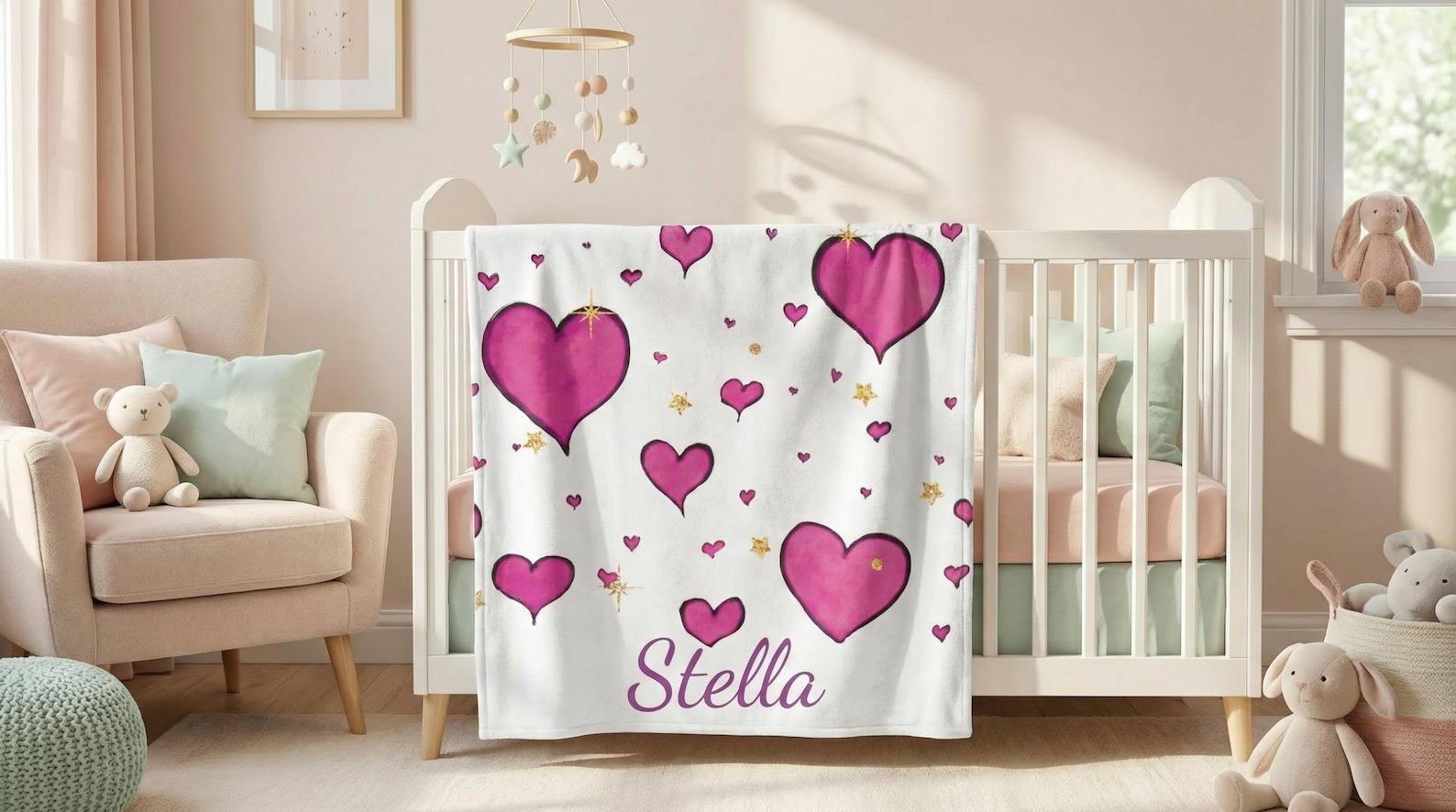 White plush blanket with pink hearts and gold stars, personalized with the name "Stella", draped over a nursery crib