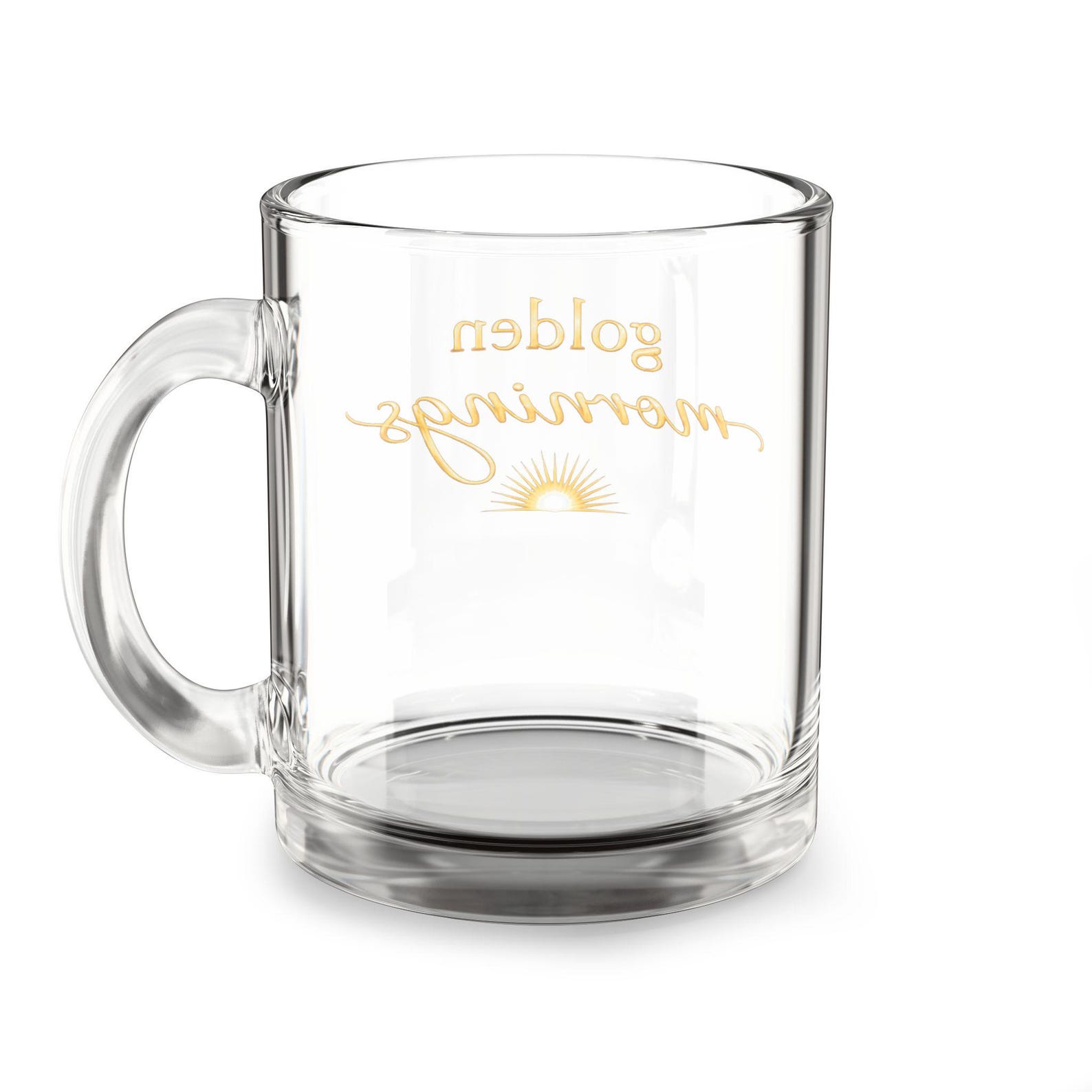 Close-up of the golden mornings glass coffee mug design