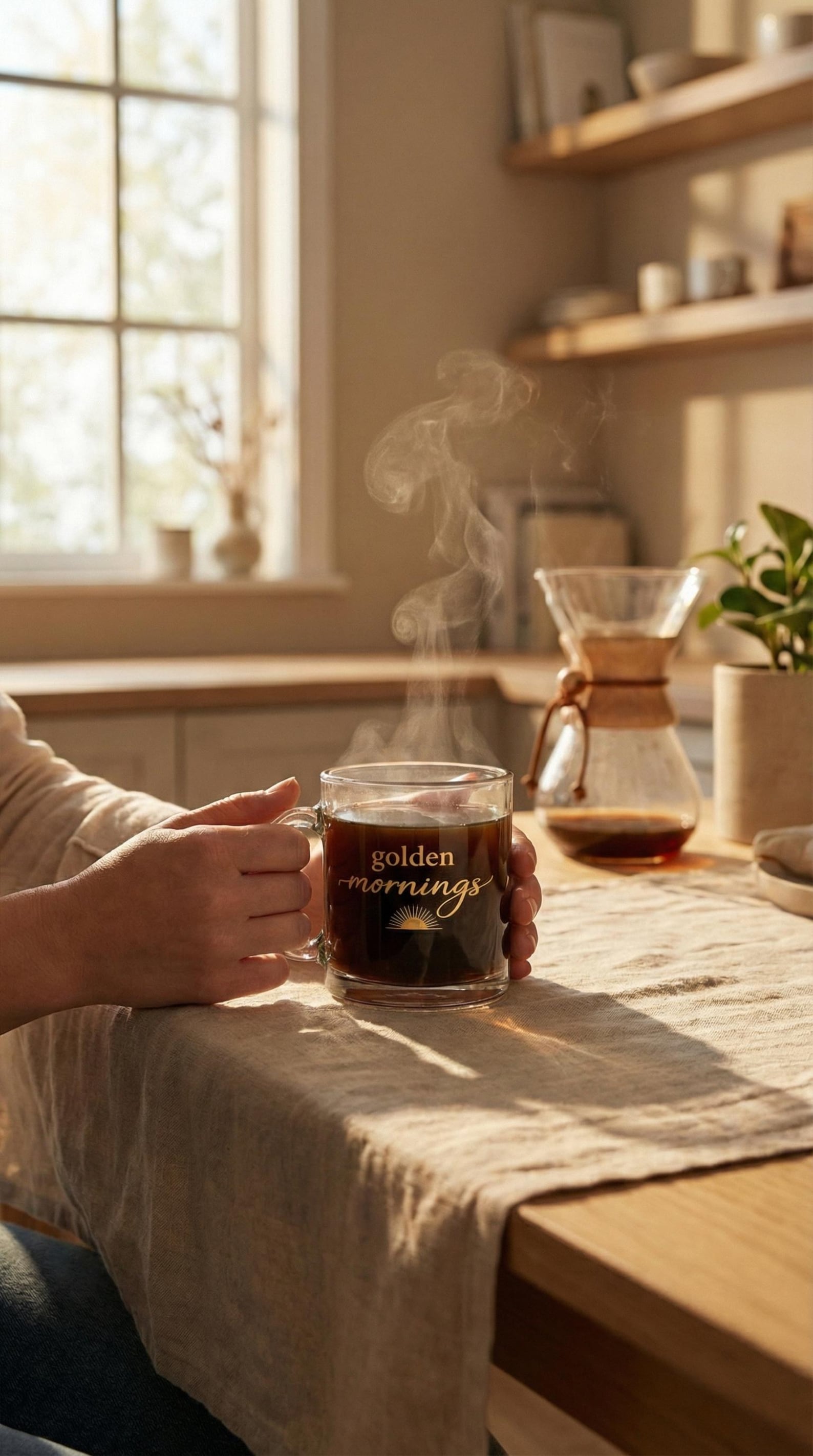 The "golden mornings" glass mug with steam rising, held over a wooden table with a beige linen runner and a pour-over coffee maker in the background
