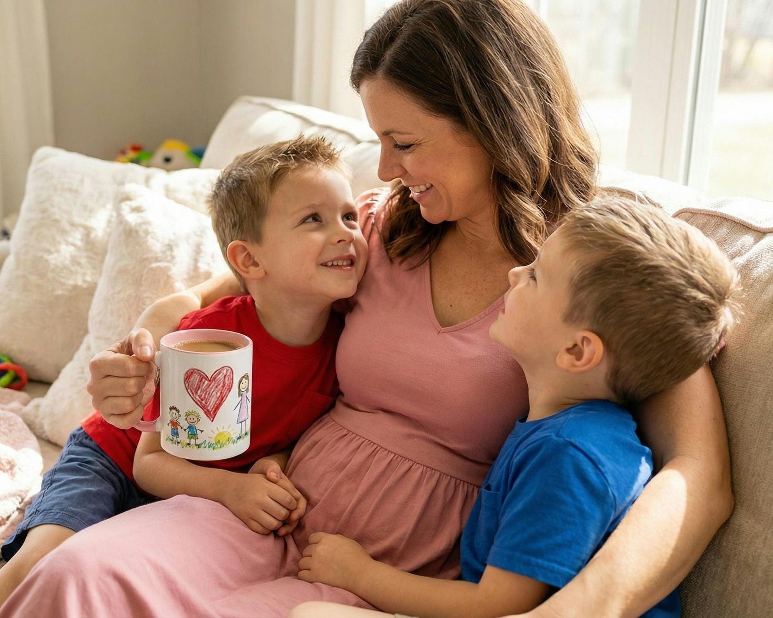 A mother sitting with her two young sons on a couch, one of them holding a white mug printed with a child's heart-and-family drawing