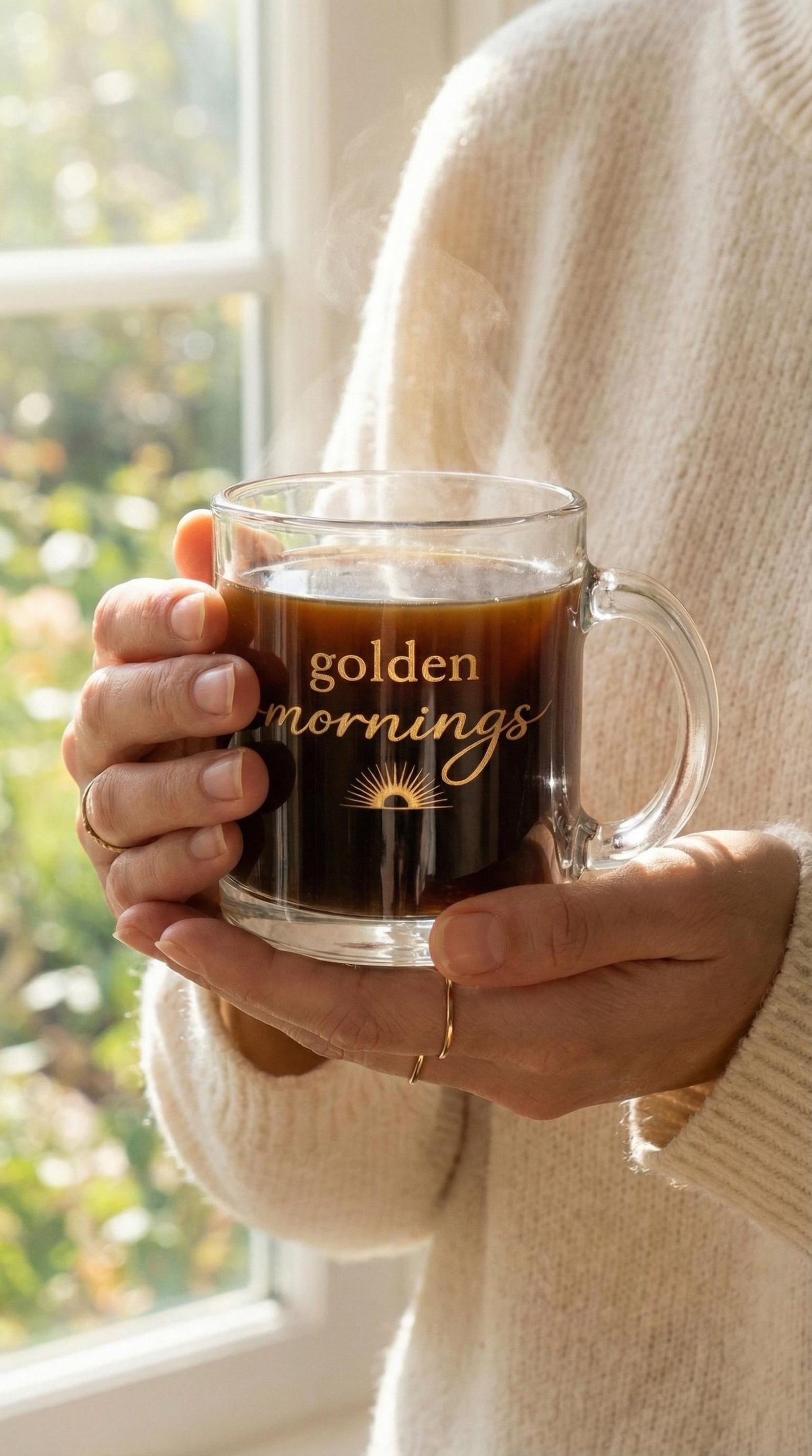 Hand in a cream sweater holding the "golden mornings" glass mug filled with steaming dark coffee