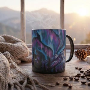Taza que cambia de color con la aurora boreal: escena de montaña