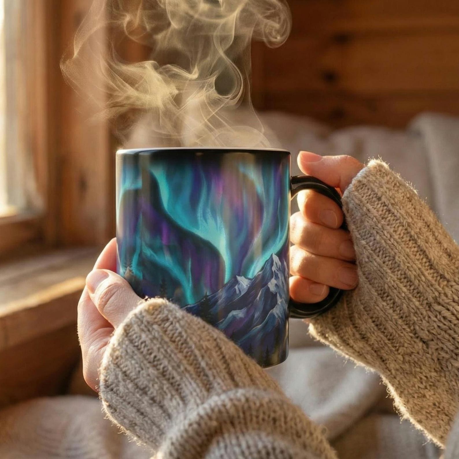 Close-up of hands holding the color-changing mug indoors, showing the aurora borealis and mountain design in full colour