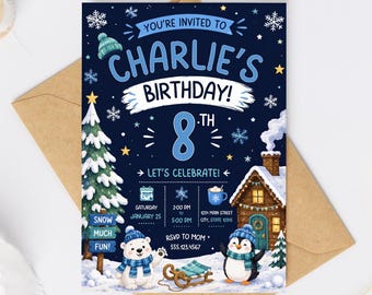 Winter Wonderland Birthday Invitation Snowflake Winter Party Canva Editable Kids Template (Digital Download)