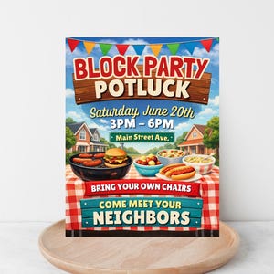 Block Party Potluck Flyer Template Editable Canva 8.5x11, Neighborhood Party Invite, Community BBQ Flyer, Street Party Invitation Printable