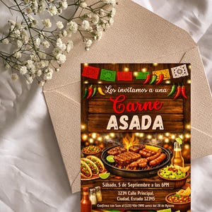 Bilingual Carne Asada birthday invitation template presented with festive typography, customizable party information, and a backyard barbecue theme. The editable Canva design is displayed in a 5x7 format and emphasizes printable digital convenience for Mexican inspired celebrations and birthday events. Listing image highlights easy personalization, organized event details, and a stylish invitation layout suitable for cookouts, family gatherings, taco nights, and Carne Asada parties.