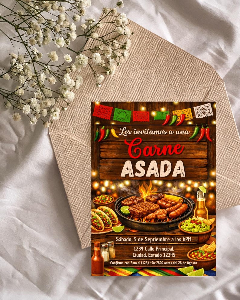 Bilingual Carne Asada birthday invitation template presented with festive typography, customizable party information, and a backyard barbecue theme. The editable Canva design is displayed in a 5x7 format and emphasizes printable digital convenience for Mexican inspired celebrations and birthday events. Listing image highlights easy personalization, organized event details, and a stylish invitation layout suitable for cookouts, family gatherings, taco nights, and Carne Asada parties.