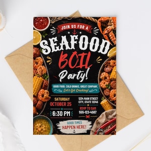 May include: A rectangular invitation card for a seafood boil party featuring a black background with images of crab, shrimp, corn, and lemon slices. The text reads: JOIN US FOR A SEAFOOD BOIL PARTY! GOOD FOOD. COLD DRINKS. GREAT COMPANY. Let's Get Cracking!