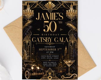 May include: A black and gold invitation card featuring Art Deco geometric patterns, two crystal chandeliers, a vintage car, and a martini glass. The text reads: JAMIE'S 50TH BIRTHDAY GATSBY GALA, SATURDAY SEPTEMBER 5TH AT 1PM, 12234 MAIN STREET, RSVP TO SAM AT (123) 456-7890 BY AUGUST 28TH.