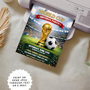 Screenshot captures the World Cup invitation template open inside the free Canva editor showing the intuitive drag-and-drop customization interface. Visible editable elements include text fields, color picker, and font options on the vibrant soccer-themed 5x7 design with balls and flags. Real-time preview of changes to sample World Cup wording demonstrates the simplicity of the instant digital download.