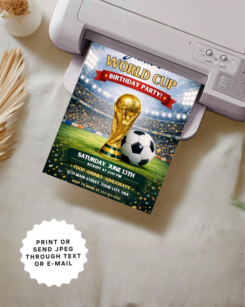 Screenshot captures the World Cup invitation template open inside the free Canva editor showing the intuitive drag-and-drop customization interface. Visible editable elements include text fields, color picker, and font options on the vibrant soccer-themed 5x7 design with balls and flags. Real-time preview of changes to sample World Cup wording demonstrates the simplicity of the instant digital download.