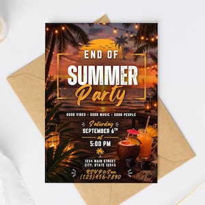 May include: A rectangular party invitation card featuring a sunset beach scene with palm trees, string lights, a coconut drink, and sunglasses. The text reads END OF SUMMER PARTY, GOOD VIBES, GOOD MUSIC, GOOD PEOPLE, Saturday SEPTEMBER 6TH at 5:00 PM.