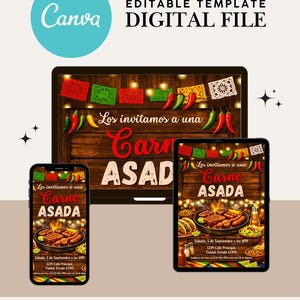 Carne Asada birthday party invitation displayed in a polished mockup with bilingual wording, modern typography, and customizable event details. The editable Canva design uses a 5x7 format and offers printable digital flexibility for party hosts. Listing image highlights simple personalization, organized information placement, festive barbecue appeal, and versatile use for taco parties, family reunions, birthday cookouts, and Mexican inspired celebrations.