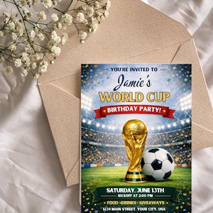Detailed view of the World Cup invitation back side template with continued soccer theme, subtle field lines, flag motifs, and space for additional notes, match schedule, or snack potluck details. The 5x7 editable Canva design ensures a cohesive energetic look with the front for a complete invitation set. This instant digital download is ready for printing at home or sending digitally. Keywords featured naturally: world cup invitation template editable canva soccer watch party invite instant