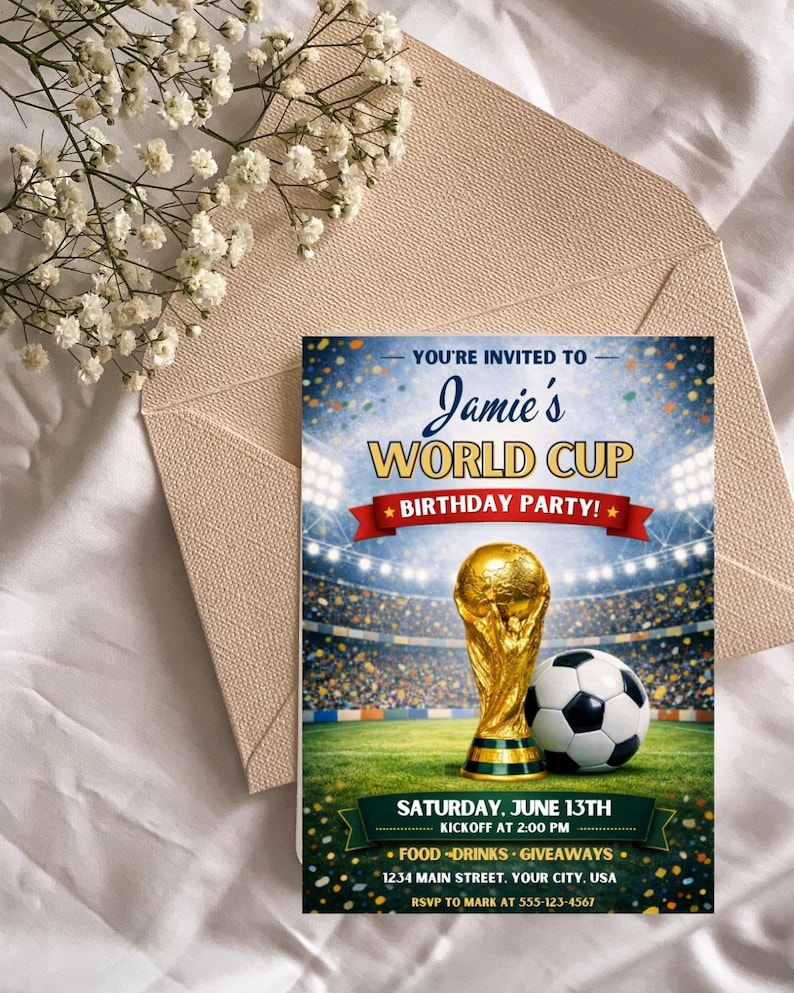 Detailed view of the World Cup invitation back side template with continued soccer theme, subtle field lines, flag motifs, and space for additional notes, match schedule, or snack potluck details. The 5x7 editable Canva design ensures a cohesive energetic look with the front for a complete invitation set. This instant digital download is ready for printing at home or sending digitally. Keywords featured naturally: world cup invitation template editable canva soccer watch party invite instant