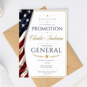 Può includere: Un invito bianco con testo in blu navy e oro, caratterizzato dalla bandiera americana sul lato sinistro. Il testo recita: Please join us for to celebrate the promotion of Charlie Anderson to the rank of General, Saturday, October 25th, 6:00 PM, 1234 Main Street, City, State 12345, kindly RSVP by October 10th, 555 123 4567.