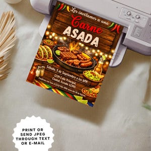 Diseño de invitación de cumpleaños de carne asada con temática mexicana, colores brillantes y elementos gráficos inspirados en BBQ y parrilladas. Plantilla editable en Canva creada para cumpleaños familiares, celebraciones al aire libre y fiestas de comida mexicana. Invitación digital tamaño 5x7 con detalles personalizables para fecha, hora, ubicación y RSVP. Estilo divertido y auténtico ideal para compartir digitalmente o imprimir fácilmente desde casa para invitados especiales.
