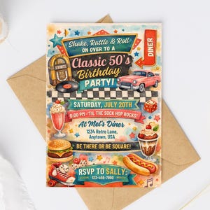 Könnte beinhalten: Eine rechteckige Geburtstagseinladung im 50er-Jahre-Diner-Stil mit Illustrationen von Jukebox, rosa Auto, Milchshake, Burger, Hotdog und Rollschuhen. Der Text lautet Shake, Rattle & Roll, Classic 50's Birthday PARTY!