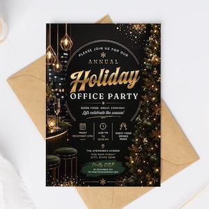 May include: A black holiday office party invitation card featuring gold text, a decorated Christmas tree, and hanging geometric lights. The text reads: Please join us for our annual Holiday Office Party, Friday December 12th, 6:00 PM to 10:00 PM.