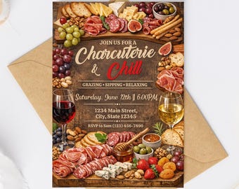 May include: A rectangular invitation card featuring a charcuterie board with meats, cheeses, fruits, nuts, and two wine glasses. The text reads: Join us for a Charcuterie & Chill, Grazing, Sipping, Relaxing, Saturday, June 12th, 6:00PM, 1234 Main Street.