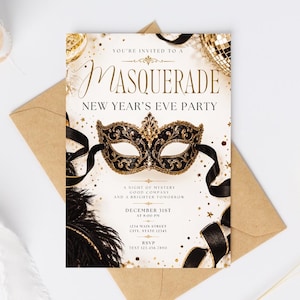 May include: A rectangular invitation card for a Masquerade New Year's Eve Party. The design features a central black and gold ornate mask, black feathers, and gold confetti. Text includes event details, date, time, address, and RSVP phone number.
