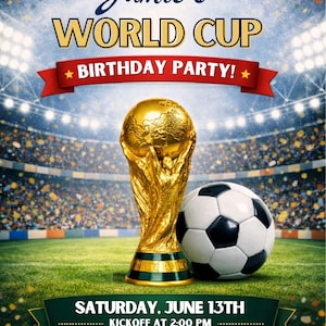 Close-up view of the World Cup invitation template front showcases detailed soccer ball graphics, waving flags from around the world, and bold celebratory accents on the 5x7 layout. The editable Canva design provides generous space for personalized text with sample wording “Join Us for the FIFA World Cup Watch Party!” and event specifics. Crisp high-resolution graphics demonstrate premium quality suitable for both home printing and digital sharing.