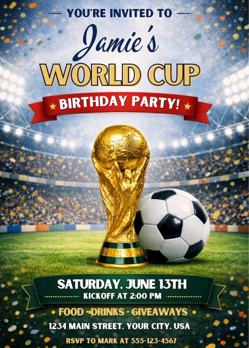 Close-up view of the World Cup invitation template front showcases detailed soccer ball graphics, waving flags from around the world, and bold celebratory accents on the 5x7 layout. The editable Canva design provides generous space for personalized text with sample wording “Join Us for the FIFA World Cup Watch Party!” and event specifics. Crisp high-resolution graphics demonstrate premium quality suitable for both home printing and digital sharing.