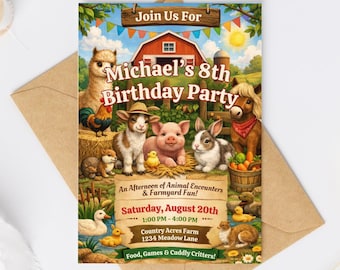 Petting Zoo Birthday Invitation, Editable Farm Animal Kids Party Invite (Canva)
