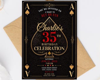 May include: A black rectangular birthday invitation card featuring a gold spade design with the text Charlie's 35th Birthday Celebration. The card includes playing card suit symbols, the date June 21, 2025, at 7:00 PM, and address details.