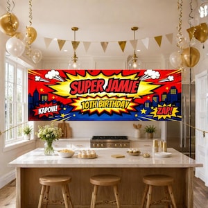 スーパーヒーローの誕生日バナー、コミックブックパーティーの背景幕（Canvaダウンロード）