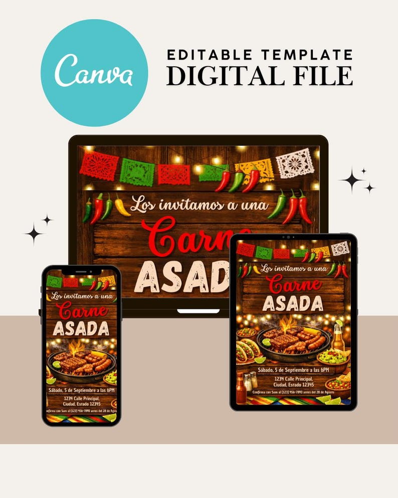 Invitación imprimible de carne asada para fiesta de cumpleaños con diseño colorido mexicano, ilustraciones festivas y tipografía divertida moderna. Esta plantilla editable de Canva permite personalizar fácilmente la información del evento usando herramientas gratuitas. Perfecta para fiestas familiares, parrilladas mexicanas y reuniones inspiradas en comida tradicional. Formato digital 5x7 ideal para enviar por mensaje, correo electrónico o imprimir para invitados con estilo alegre y auténtico.